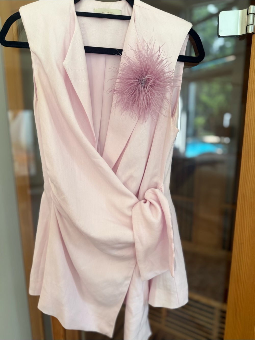 Faithfull the Brand Pale Pink Sleeveless Wrap Top with Feather Brooch
